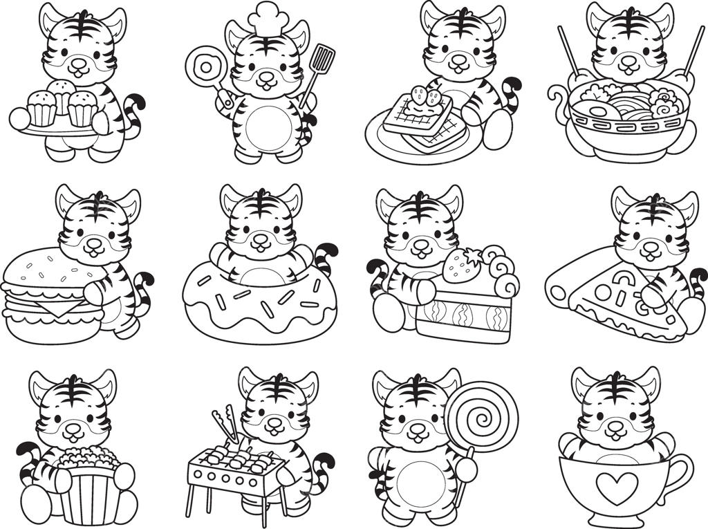 کتاب رنگ‌آمیزی شخصیت ببر بامزه برای کودکان: طرح ببر در انواع فست‌فود و دسر