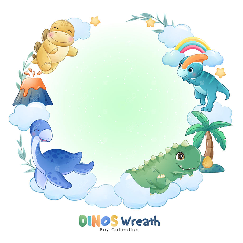 حلقه گل دایناسور بامزه با تصویرسازی آبرنگی