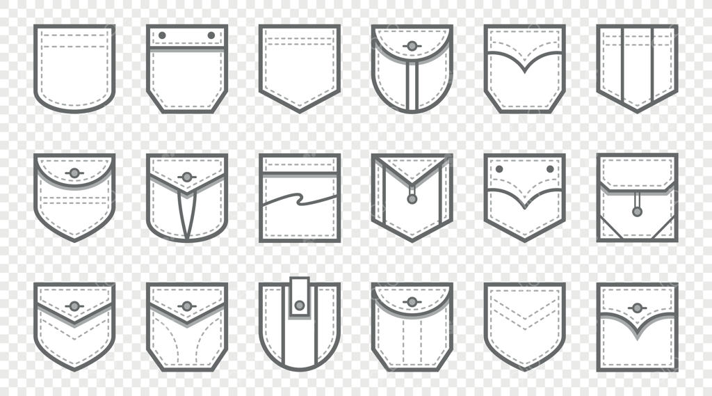 جیب وصله‌ای: مجموعه آیکون وکتور - جیب لباس یکنواخت با وصله و دوخت، جیب جین وصله‌دار