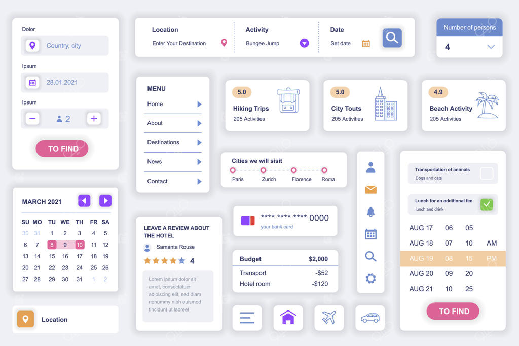 مجموعه المان‌های رابط کاربری (UI) برای اپلیکیشن موبایل آژانس مسافرتی؛ کیت طراحی شامل نمودارهای HUD، تقویم، موقعیت مکانی، تورهای طبیعت‌گردی و انتخاب مقصد به همراه صفحات UI و UX وکتور