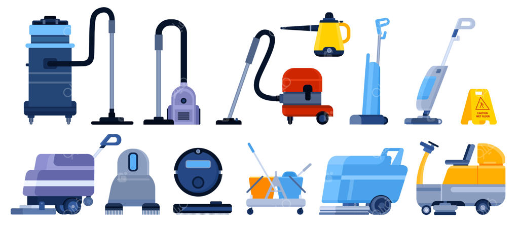 ست تجهیزات حرفه‌ای نظافت: جاروبرقی، دستگاه‌های صنعتی، تی بخار، سوییپر ماشینی و ربات جاروبرقی