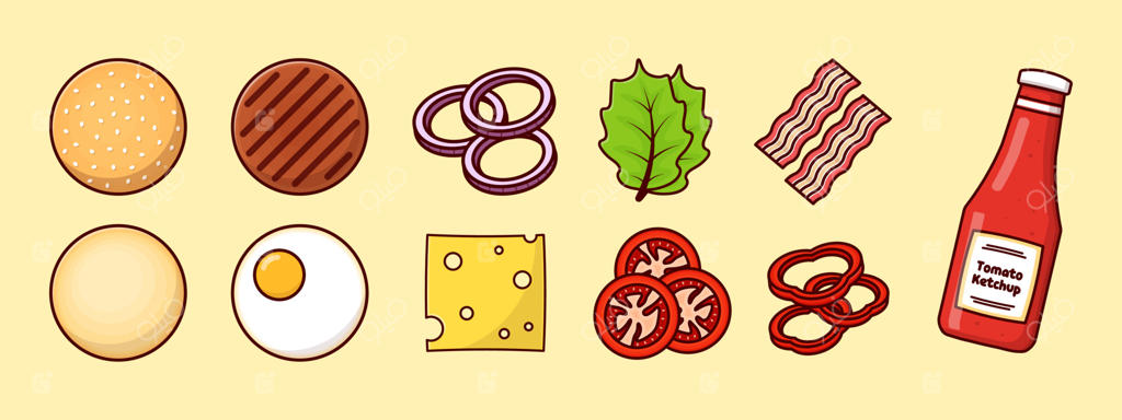 مجموعه وکتور مواد اولیه و دستور پخت همبرگر