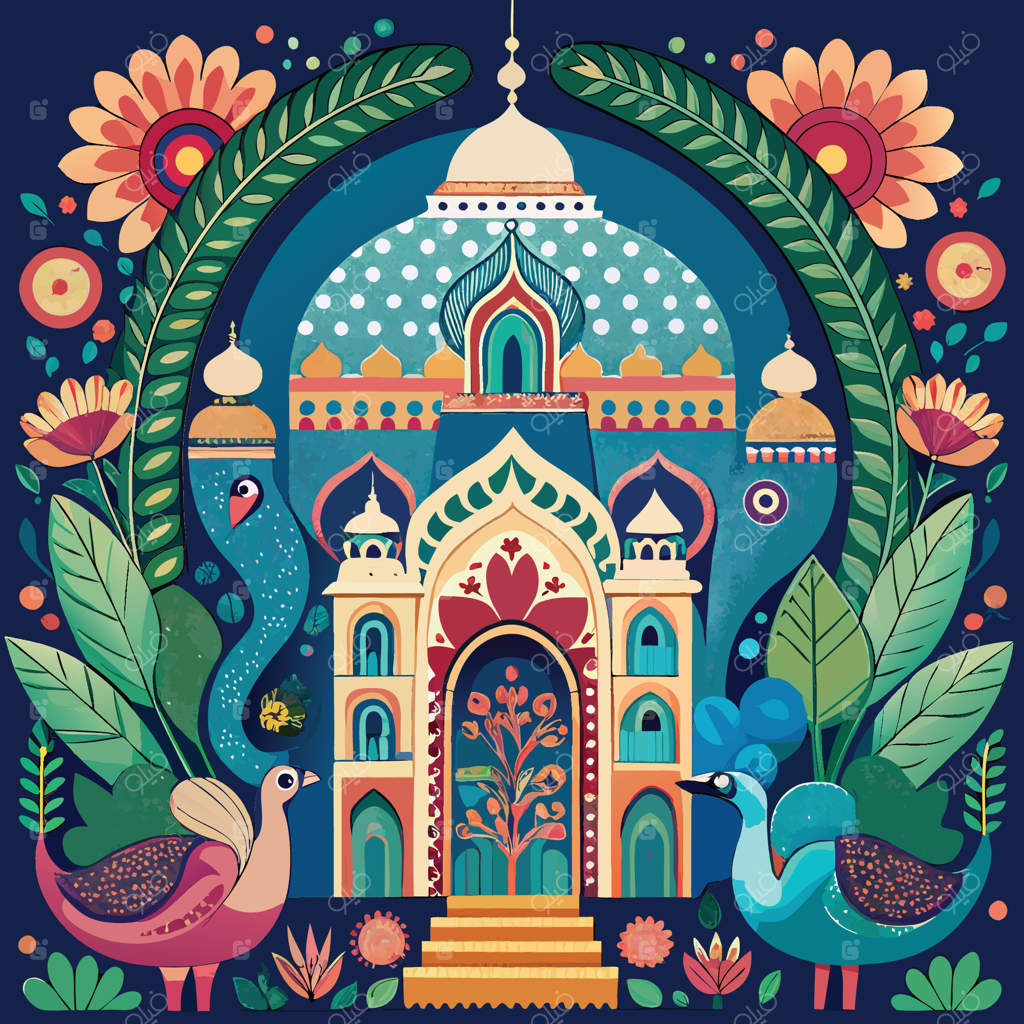 باغ مجلل مغولی با فیل باشکوه و طاووس رنگارنگ