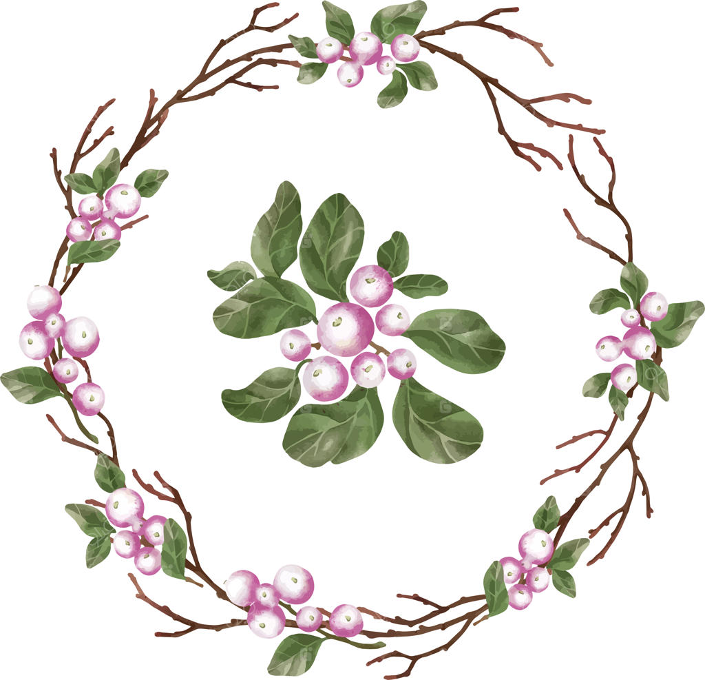 ترکیب آبرنگی شاخه‌ها و توت‌ها، برگ سفید، تاج گل