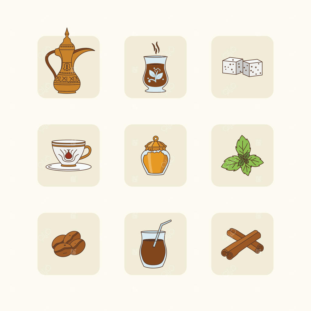 ۹ آیکون زیبا که فرهنگ سنتی قهوه و چای در خاورمیانه را نشان می‌دهند.