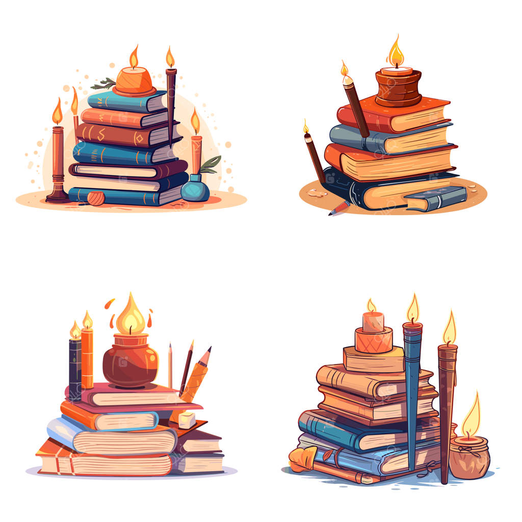 شمع‌ها روشن‌اند و کتاب‌ها اندازه‌های مختلفی دارند