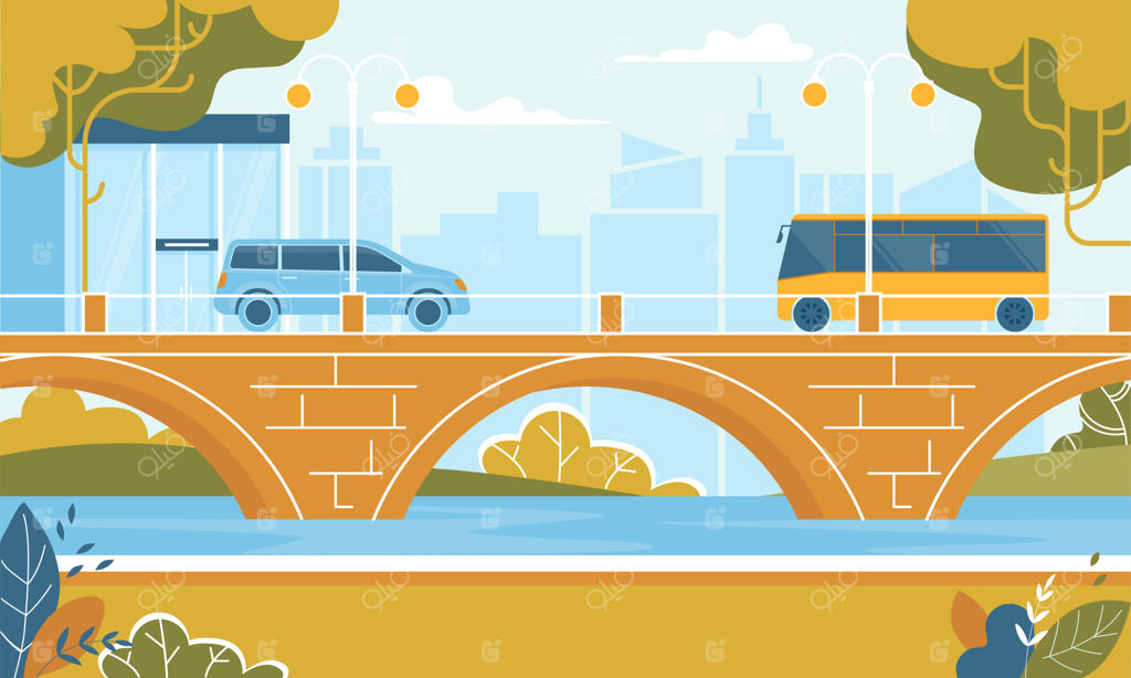 حرکت اتوبوس شهری بر روی پل رودخانه