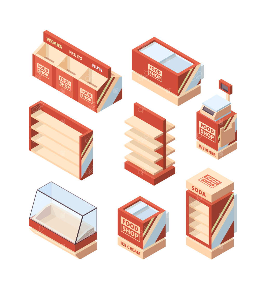 لوازم فروشگاه مواد غذایی: قفسه یخچال و صندوق فروشگاه، سبد خرید و ابزارهای سوپرمارکت ایزومتریک. تصویر یخچال تجاری برای خرید، فریزر سوپرمارکت.