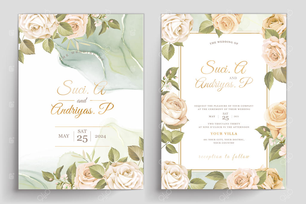 ست کارت دعوت عروسی با طرح دست ساز گل‌های رز زیبا