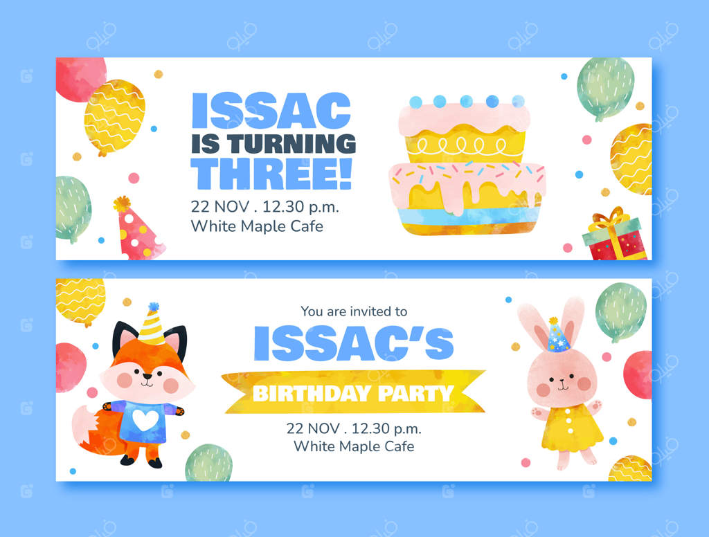 بنر افقی جشن تولد با طرح آبرنگی