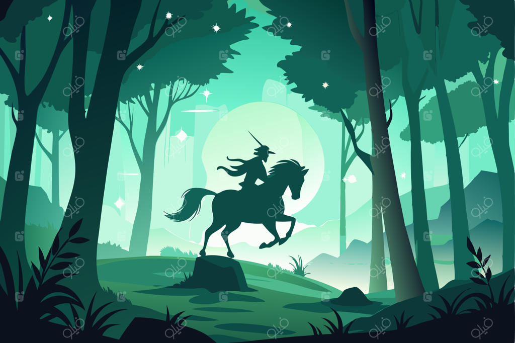 سیلوئت سانتور افسانه‌ای در حال تاختن در جنگلی سحرآمیز