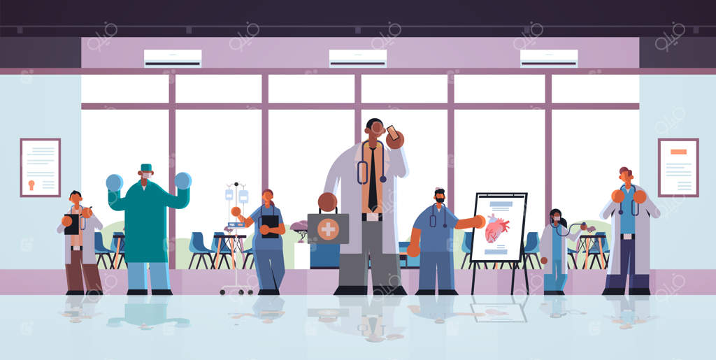 پزشکان نژادهای مختلف و کارکنان بیمارستان در محیط کلینیک مدرن در حال کار هستند - مفهوم مراقبت‌های بهداشتی و پزشکی در دفتر بیمارستان