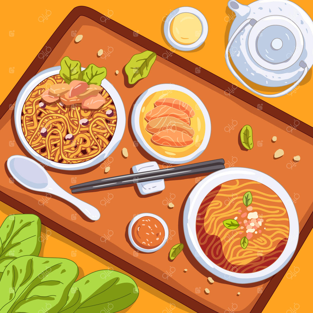 تصویرسازی غذای ژاپنی با طراحی دستی و سبک ساده