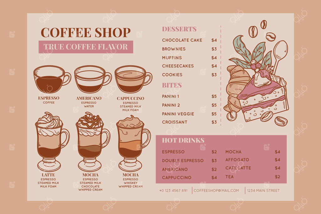 قالب منوی کافه طراحی شده با دست