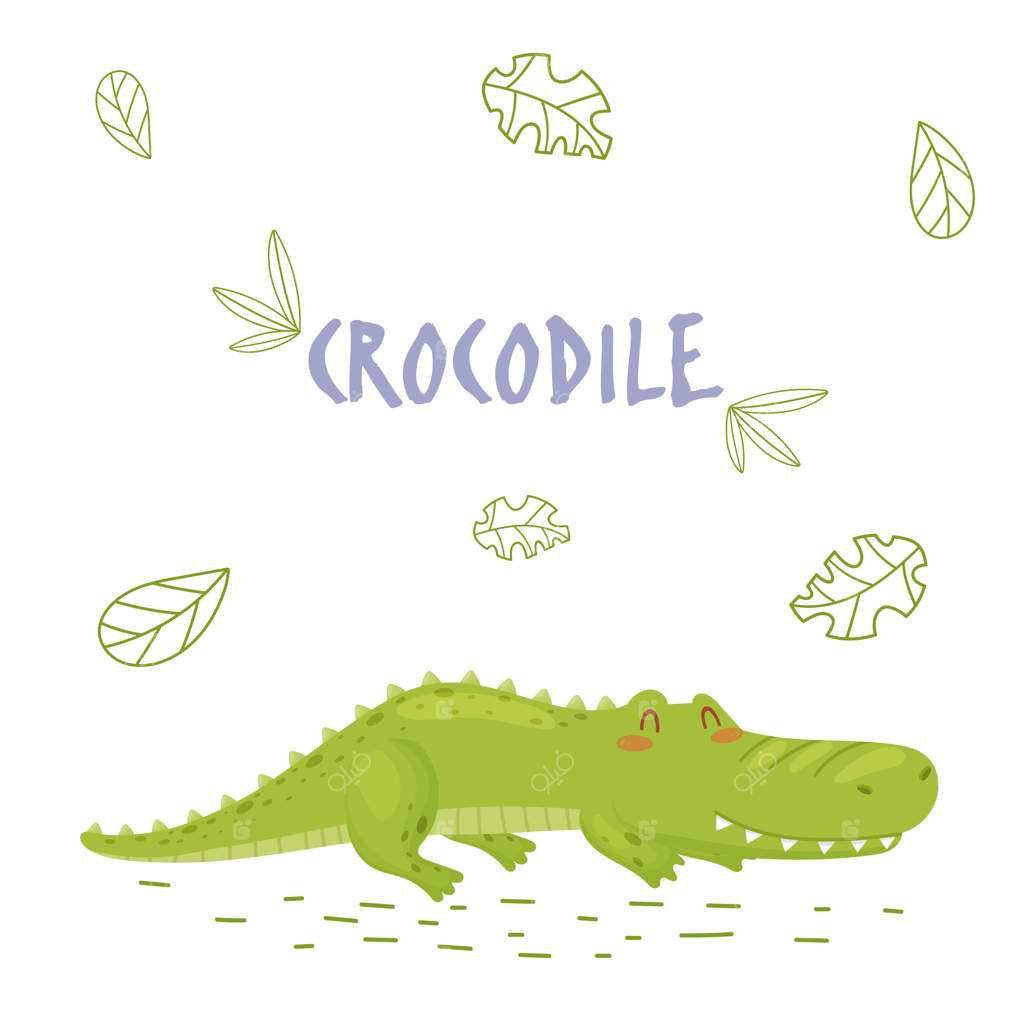 پوستر با تمساح کارتونی بامزه در جنگل - مناسب برای چاپ کارت‌پستال و تیشرت، روی زمینه سفید