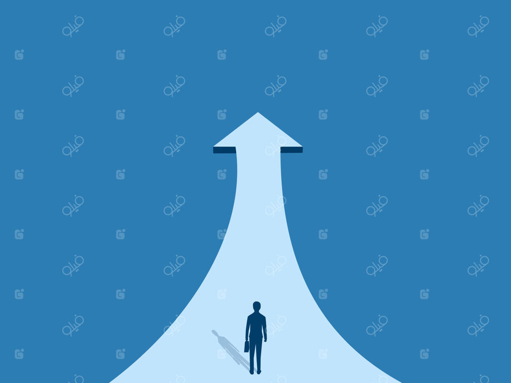 توسعه و پیشرفت: تاجر بر روی پیکان رشد شغلی ایستاده است