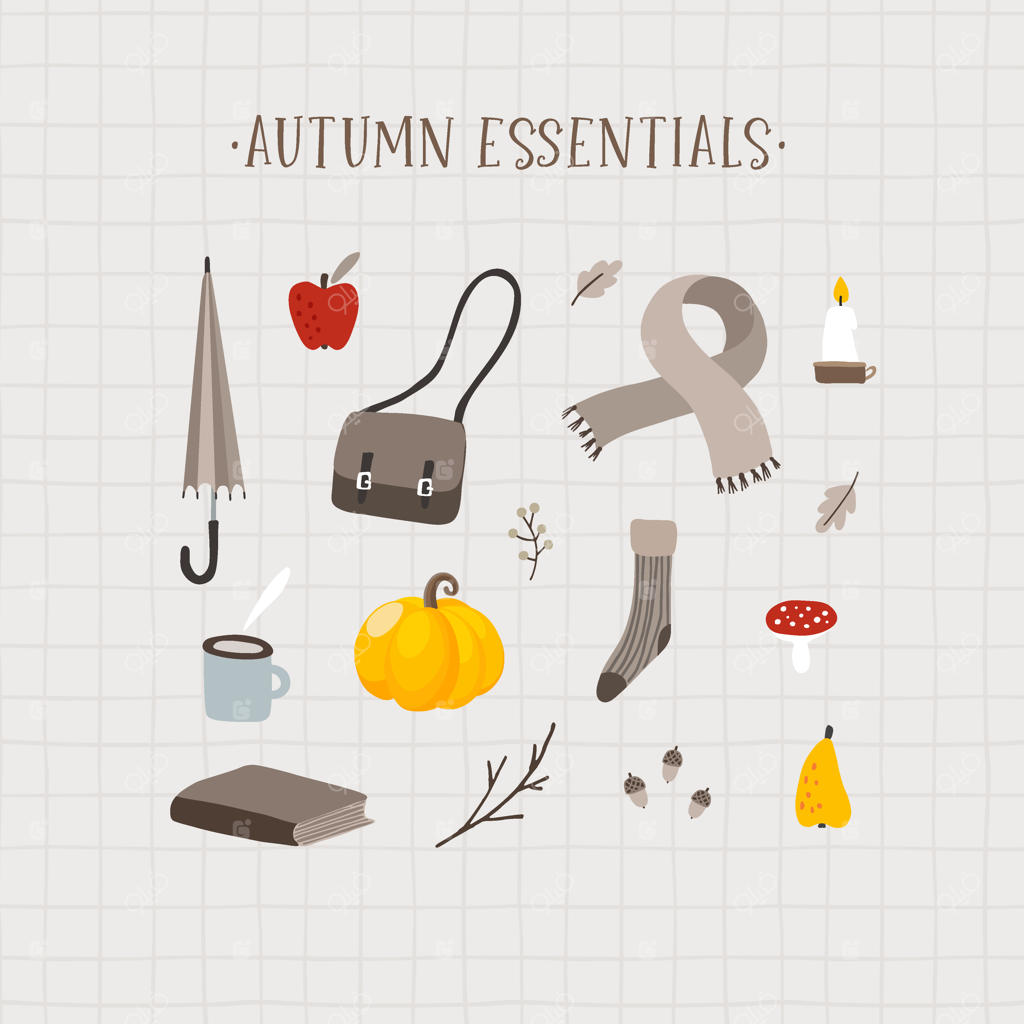 ضروریات پاییزی: مجموعه آیکون‌های جذاب دستی کشیده شده شامل غذاهای پاییزی، نوشیدنی‌ها، مد و سبک زندگی با قهوه، برگ‌ها، میوه‌ها، لوازم‌التحریر و طراحی کدو تنبل مخصوص شکرگزاری – طراحی تخت و ایزوله‌شده در قالب وکتور