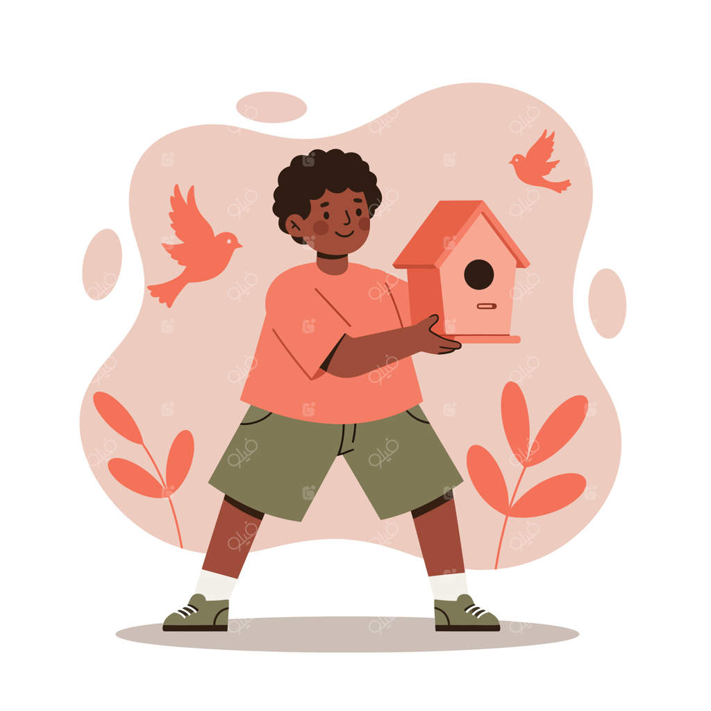 پسر در حال نگه داشتن لانه پرنده با پرندگان در حال پرواز در یک باغ طبیعی - فعالیت شاد در فضای باز