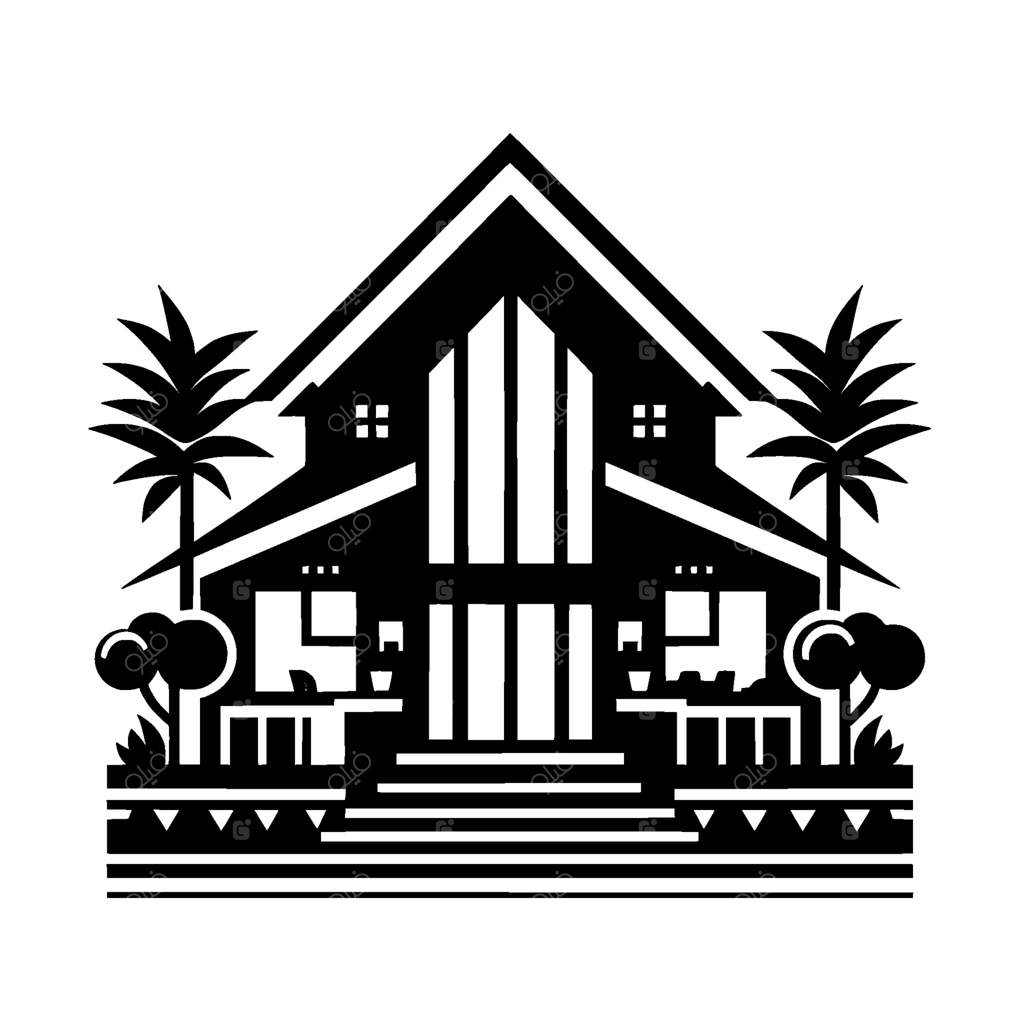 تصویر مینیمالیستی خانه سیاه و سفید با درختان نخل، پله‌ها، و باغ هندسی زیر خورشید خاکستری.