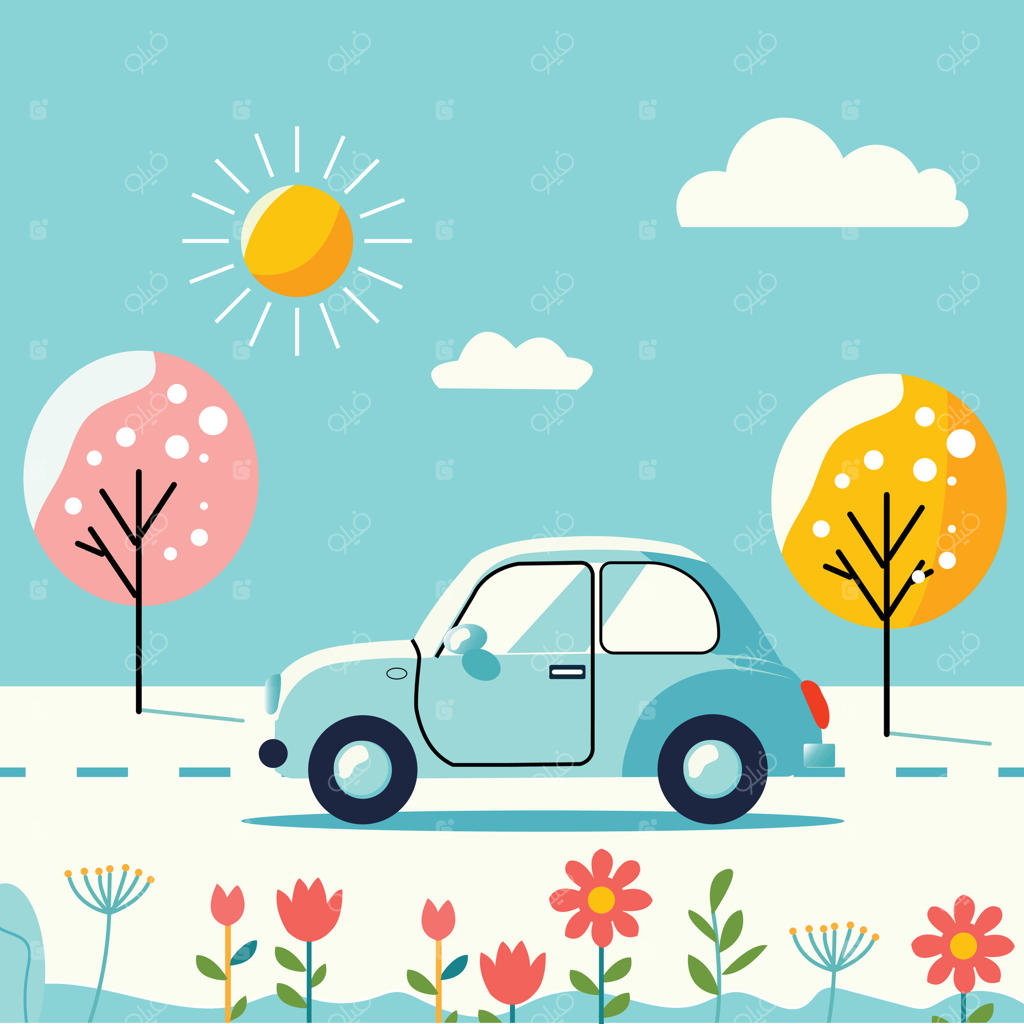 طراحی چشم‌انداز خودروی آبی بامزه در یک روز آفتابی بهاری