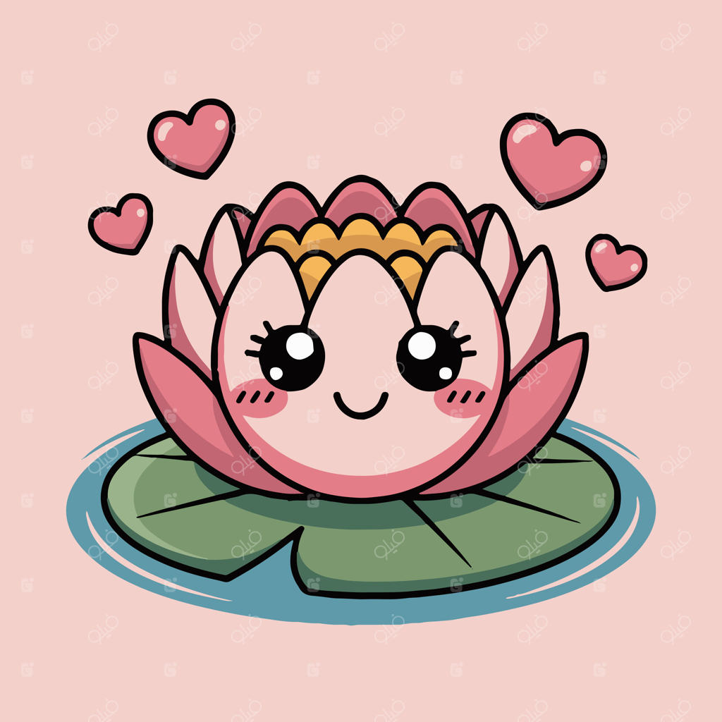 یک گل نیلوفر کارتونی با قلب‌هایی روی آن