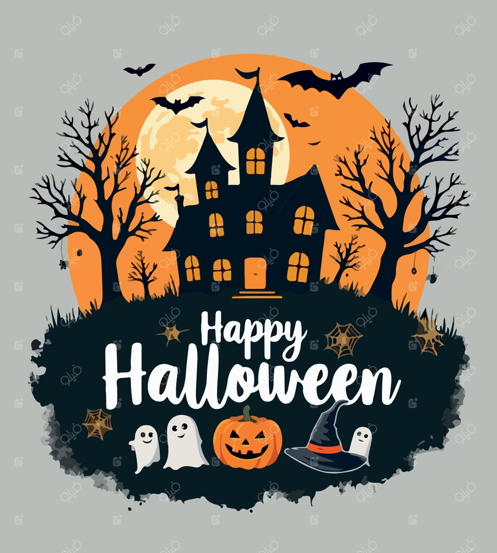 طرح تیشرت هالووین مبارک با تصویر خانه در قسمت بالا