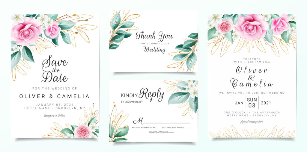 ست قالب دعوتنامه عروسی شیک با تزئین گل و برگ‌های براق و درخشان