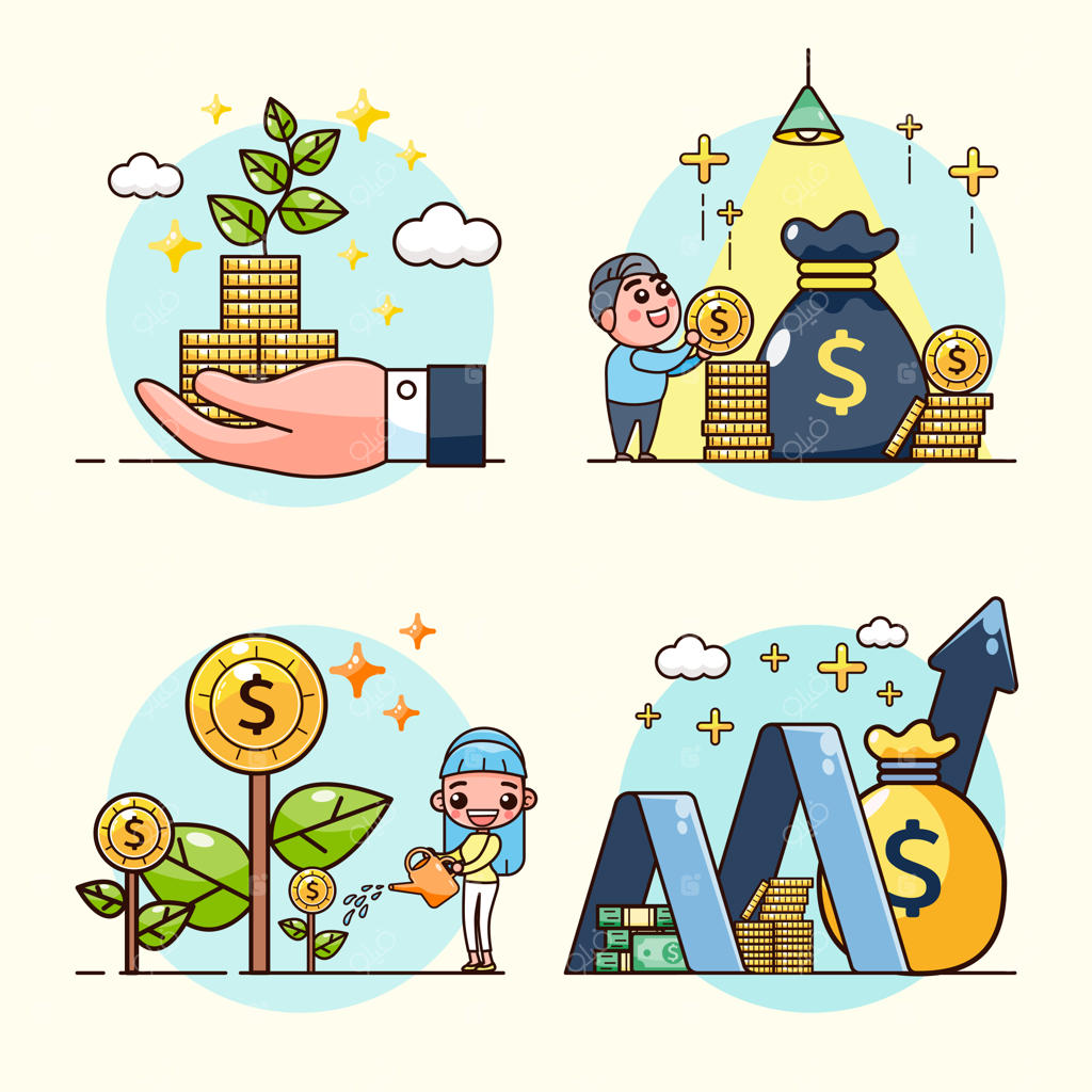 سرمایه‌گذاری در کسب‌وکار و رشد مالی: مفهوم بازگشت سرمایه (ROI)، گیاه دلار، سکه‌ها، نمودار و کیسه پول