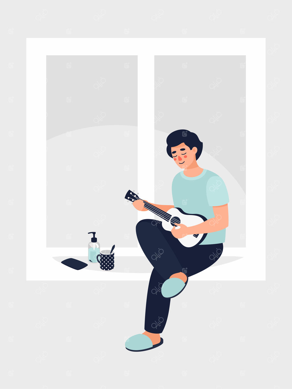 مردی در خانه روی پنجره نشسته و گیتار می‌نوازد.