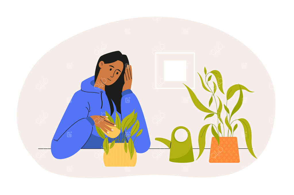 زن جوان در حال مراقبت و نگهداری از گیاهان آپارتمانی پشت میز، باغبانی در خانه، آب دادن به گیاهان، تفریح و سرگرمی، باغچه خانگی