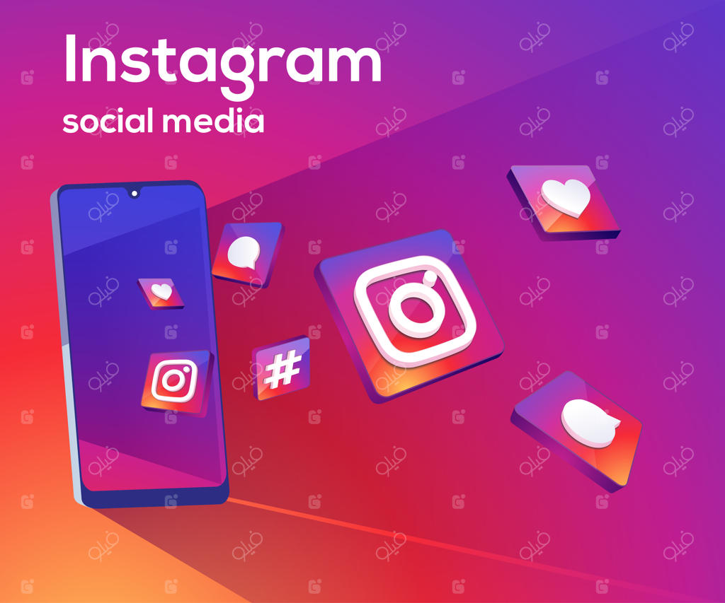 آیکون‌های سه‌بعدی شبکه‌های اجتماعی اینستاگرام با نماد گوشی هوشمند