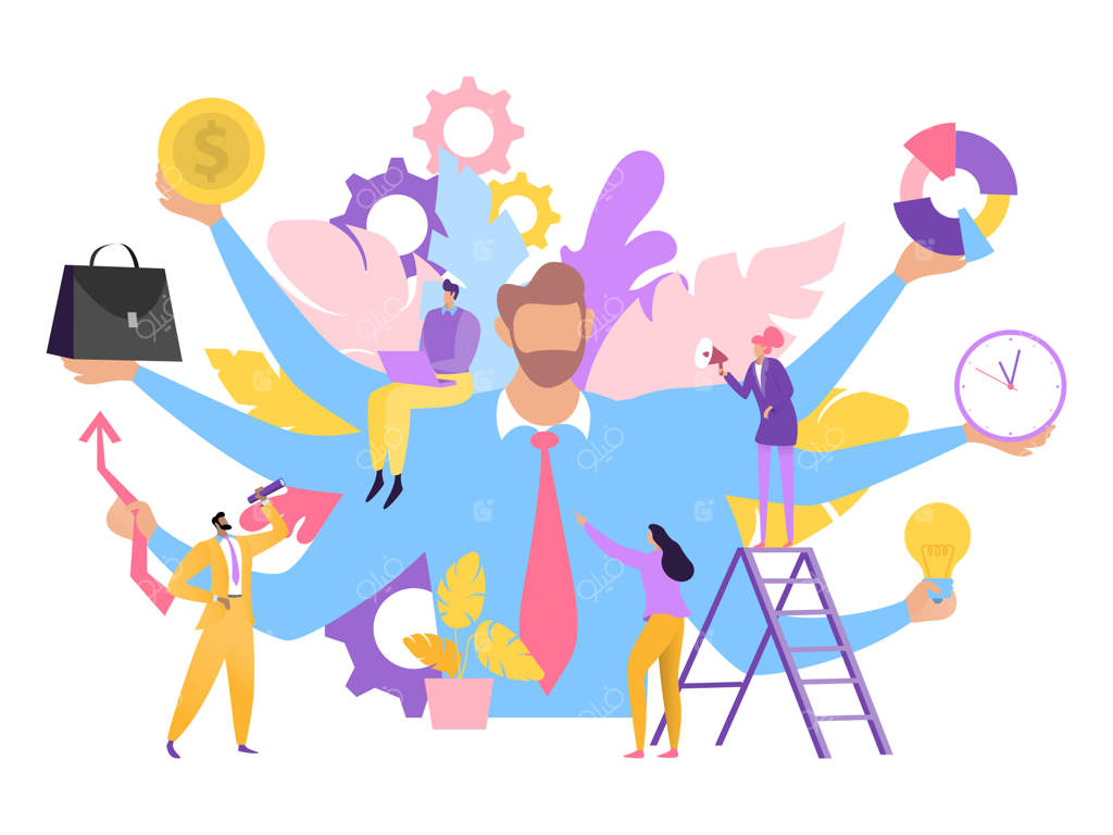 دستیار کسب‌وکار در فضای مجازی: مفهوم کامپیوتری و تصویرسازی یک فرد چندکاره در دفتر کار