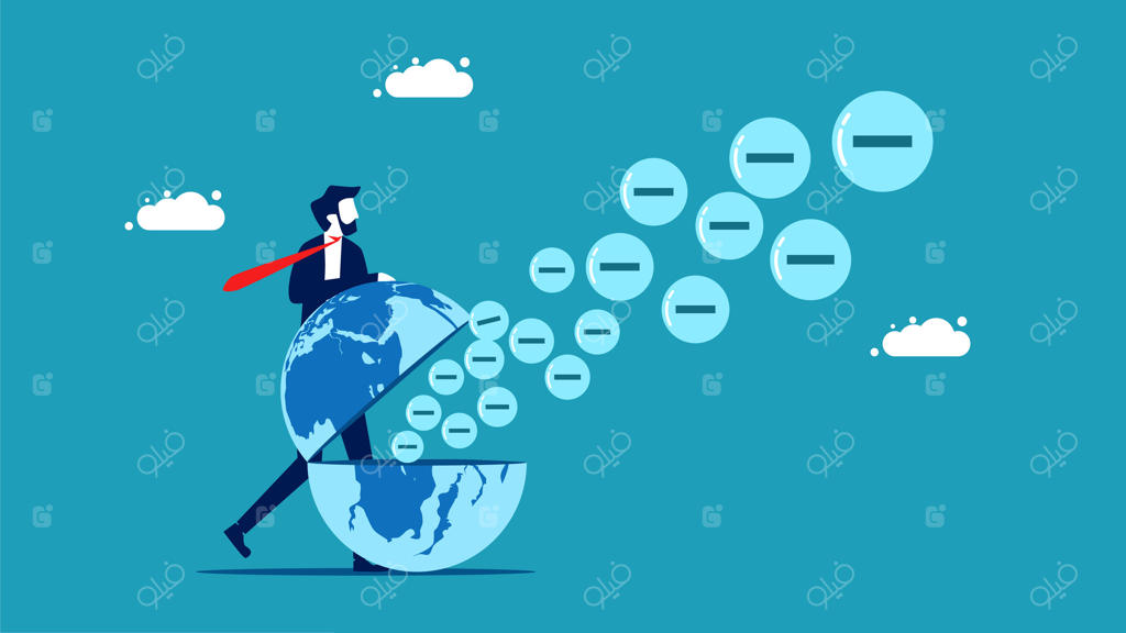 تاجر با کره زمین و فلش‌ها در پس‌زمینه آبی