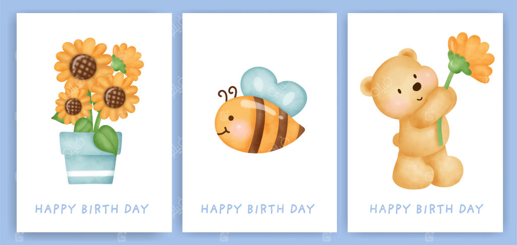 مجموعه کارت تبریک تولد با طرح خرس بامزه.