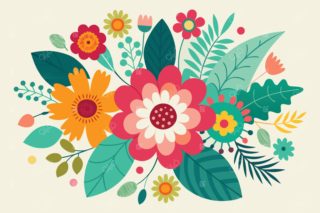 تصویرسازی گل‌آرایی رنگارنگ با گل‌ها و برگ‌های انتزاعی در پس‌زمینه کرمی