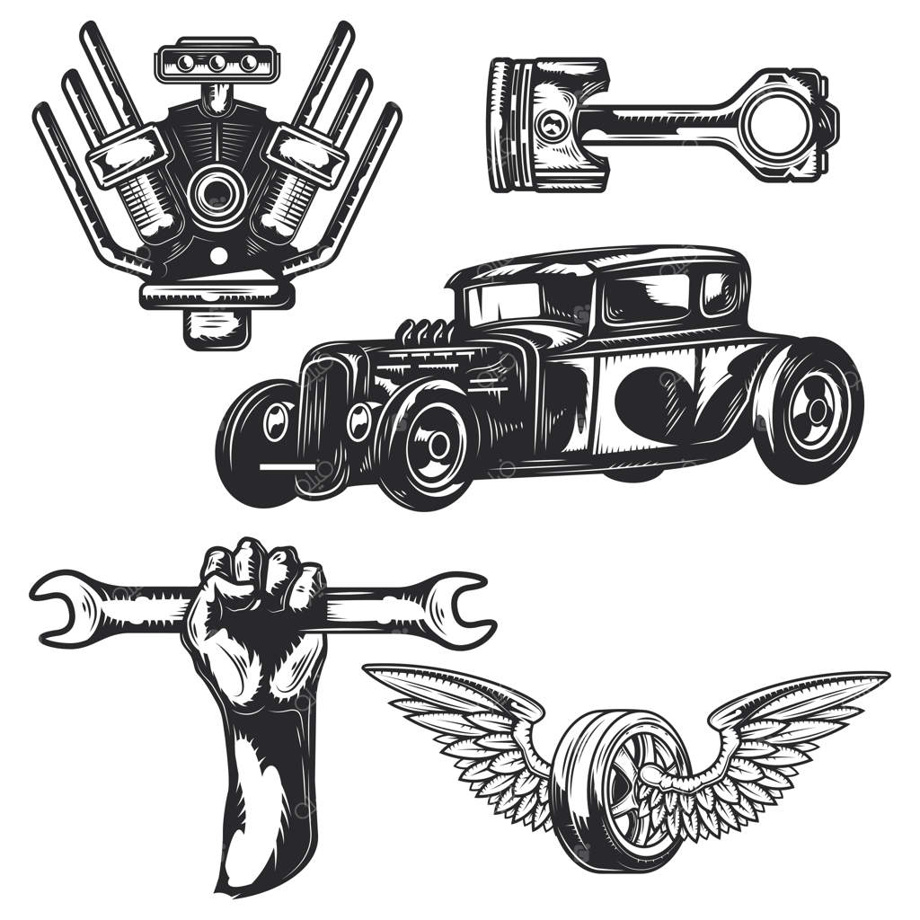 مجموعه‌ای از عناصر سرویس خودرو برای طراحی نشان‌ها، لوگوها، برچسب‌ها، پوسترها و غیره.