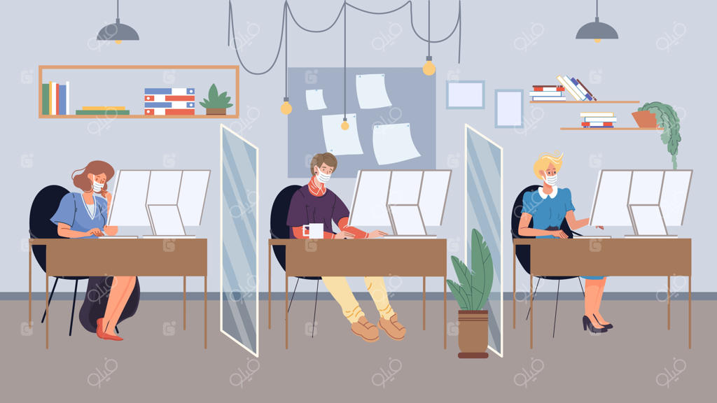 شخصیت‌های کارتونی وکتور با ماسک در حال کار در محیط اداری