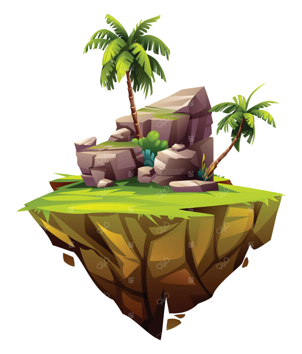 صحنه جزیره شناور با درختان نخل و سنگ‌های بزرگ روی سطح سبز. تصویرسازی کارتونی