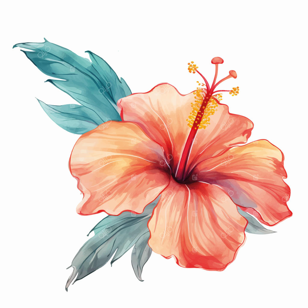 گل آبرنگی: گل گرمسیری وکتور با برگ‌های سبز. شاخ و برگ سبز، گل وحشی.