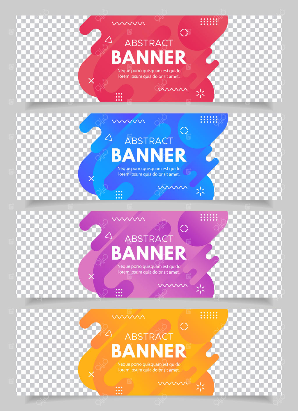 بنر انتزاعی و مدرن فروش با رنگ‌های قرمز، آبی، بنفش و زرد