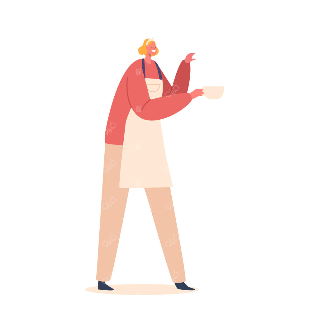 زن باریستا قهوه‌ساز: گارسون در حال ریختن نوشیدنی داغ در فنجان در کافی‌شاپ؛ کاراکتر بارتندر با پیش‌بند کار می‌کند