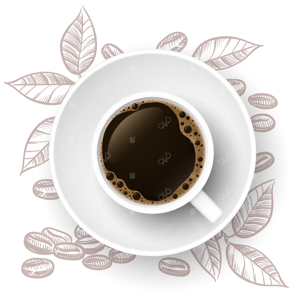 فنجان قهوه با برگ‌ها و دانه‌ها