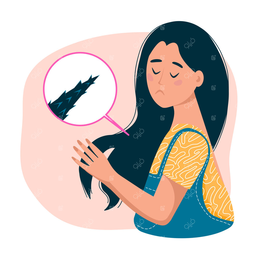 مشکل موخوره؛ دختر غمگین در حال نگاه کردن به موهای بلند و آسیب‌دیده‌اش (وکتور)