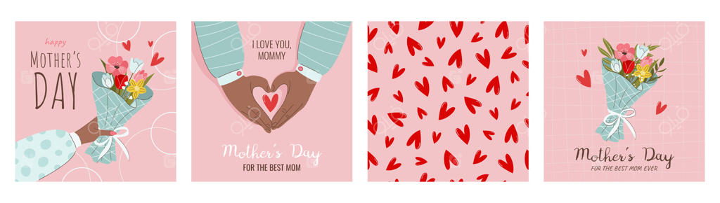 مجموعه کارت تبریک‌های مربعی جشنواره‌ای، پوسترها، پست‌های شبکه‌های اجتماعی. مفهوم روز مادر مبارک. دسته گل، جعبه هدیه، دستان زنانه، پترن قلب‌ها. تصاویر به سبک تخت.