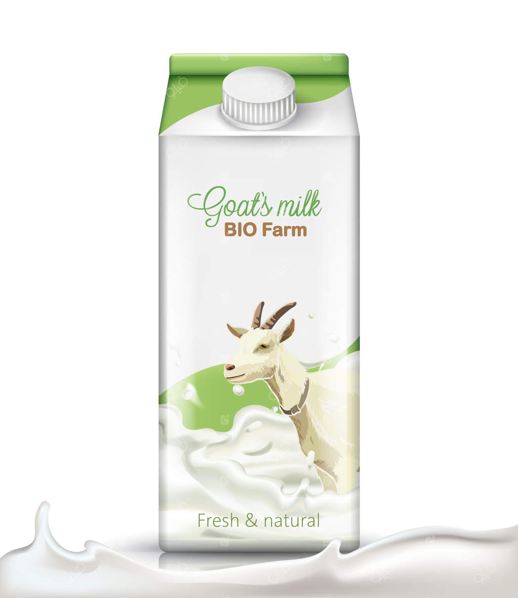 جعبه مقوایی با تصویر بز غوطه‌ور در شیر. تازه و طبیعی. واقع‌گرایانه.