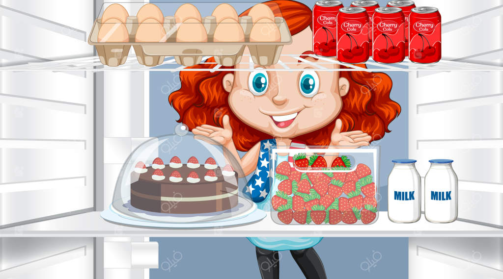 دختری که به غذاهای داخل یخچال نگاه می‌کند