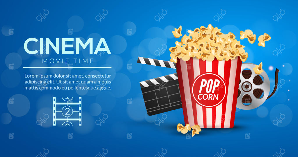 قالب طراحی بنر فیلم سینمایی: ایده‌ای با سینما، پاپ‌کورن، نوار فیلم و کلاکت