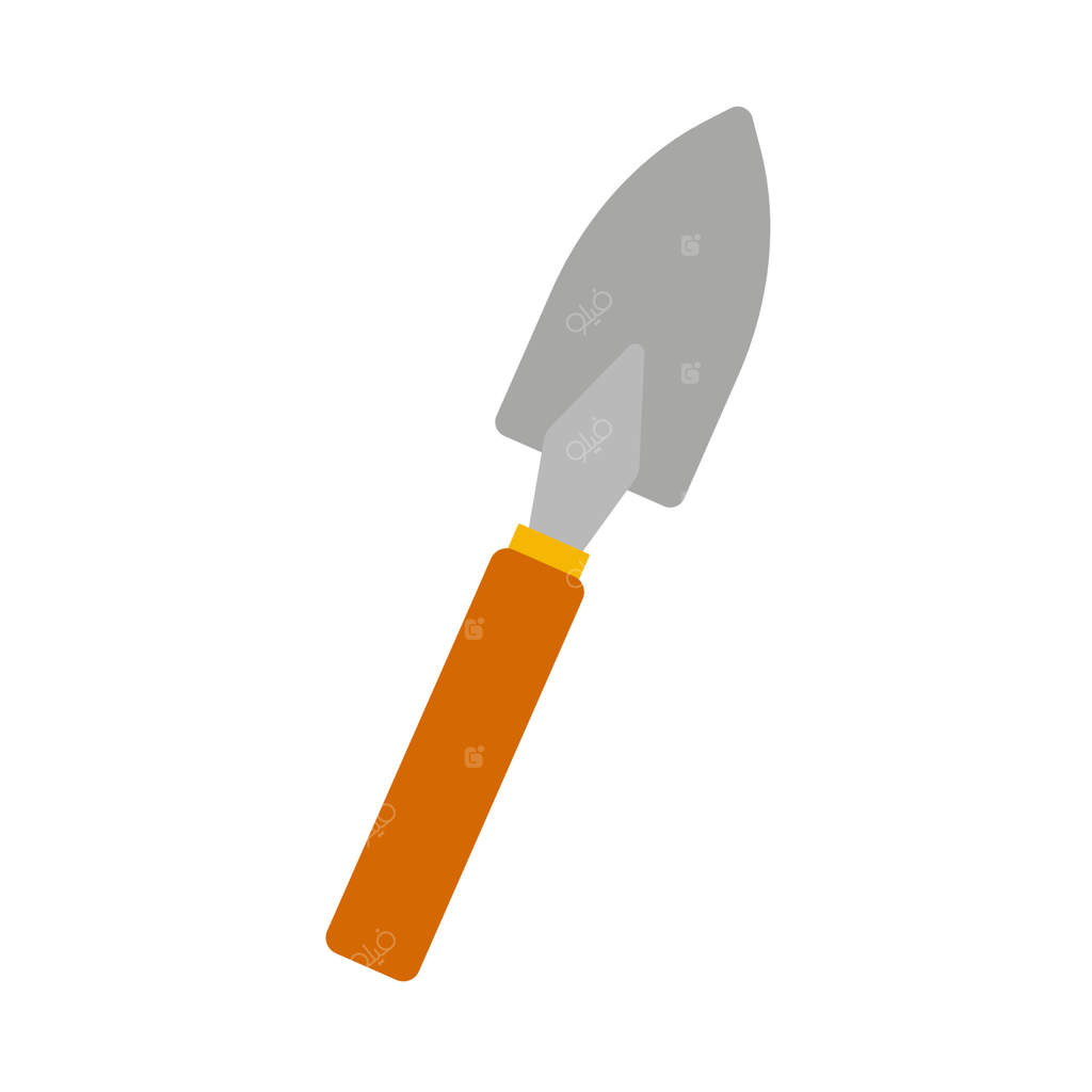 بیلچه باغبانی روی سطح سفید آماده کاشت در باغ خانگی شاداب