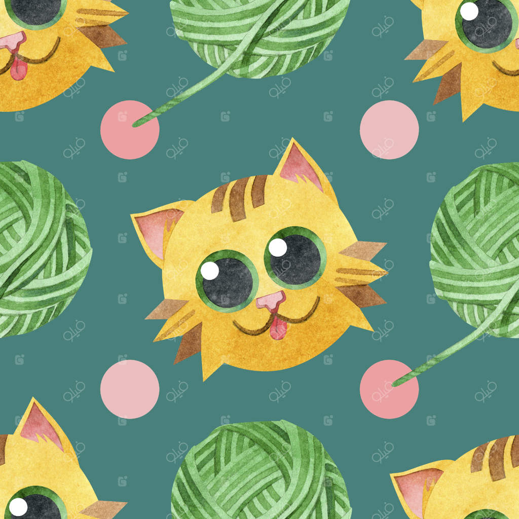 طرح یکپارچه با گربه‌های قرمز بامزه و گلوله‌های نخ سبز اسباب‌بازی برای گربه بافتنی، یک سرگرمی است. نقاشی‌های آبرنگی که برای پارچه‌ها، کاغذ دیواری و جلد کتاب‌های کودکان طراحی شده‌اند.