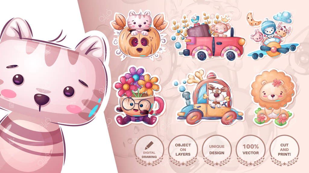 شخصیت کارتونی حیوان بامزه - وکتور استیکر (فرمت EPS 10)